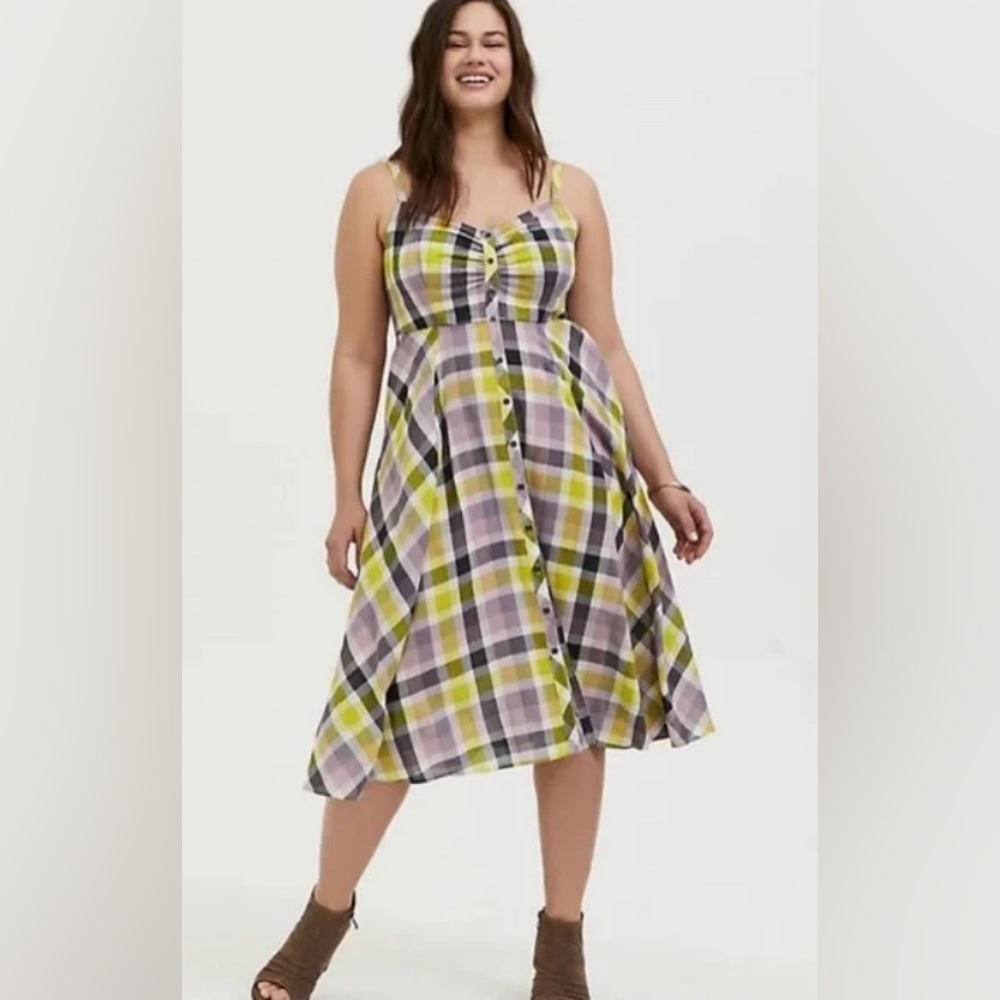 Torrid size 4 multi plaid challis button down front midi dress